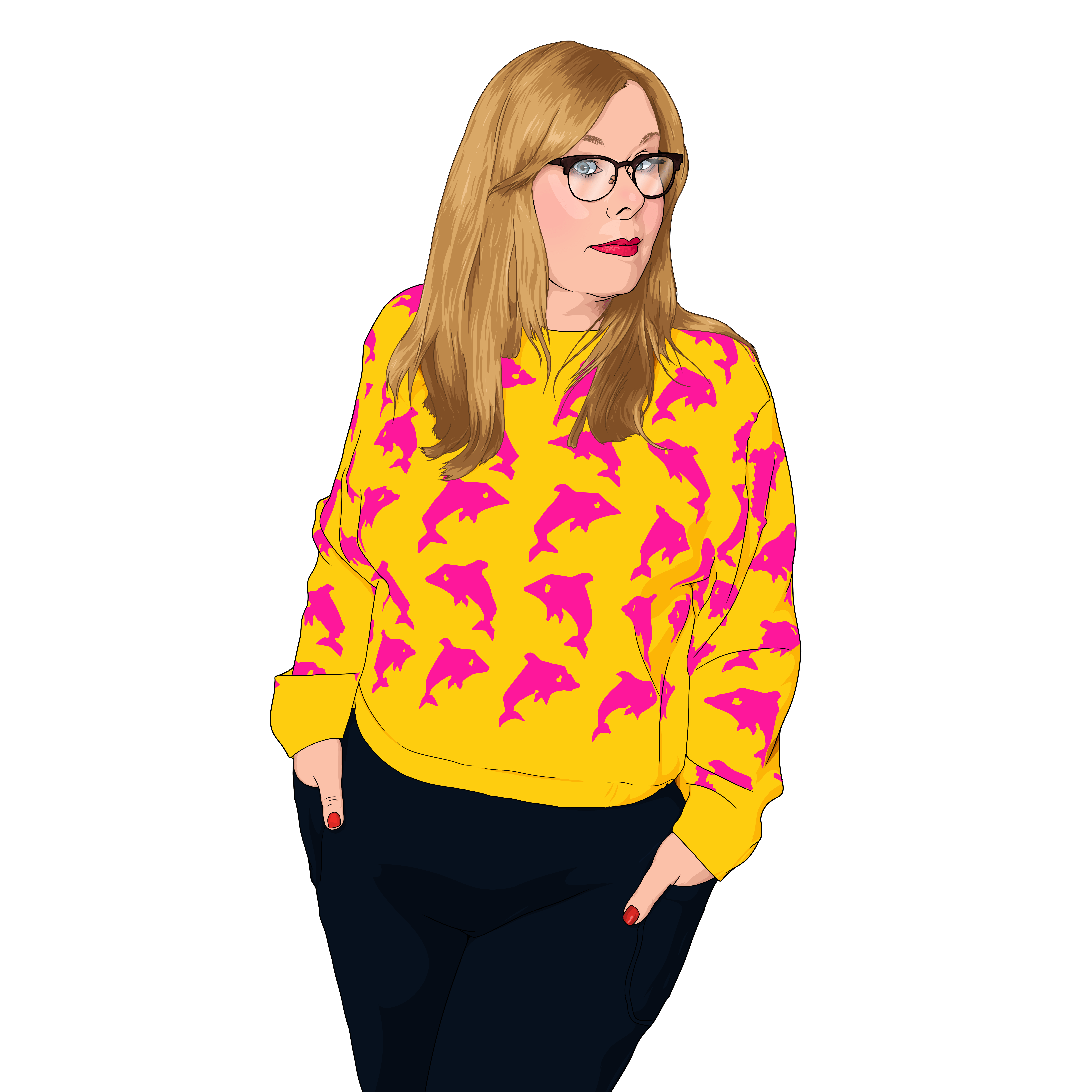 Illustrated picture of Michelle Hartley FCIPD in a yellow jumper adorned with pink dolphin shapes.