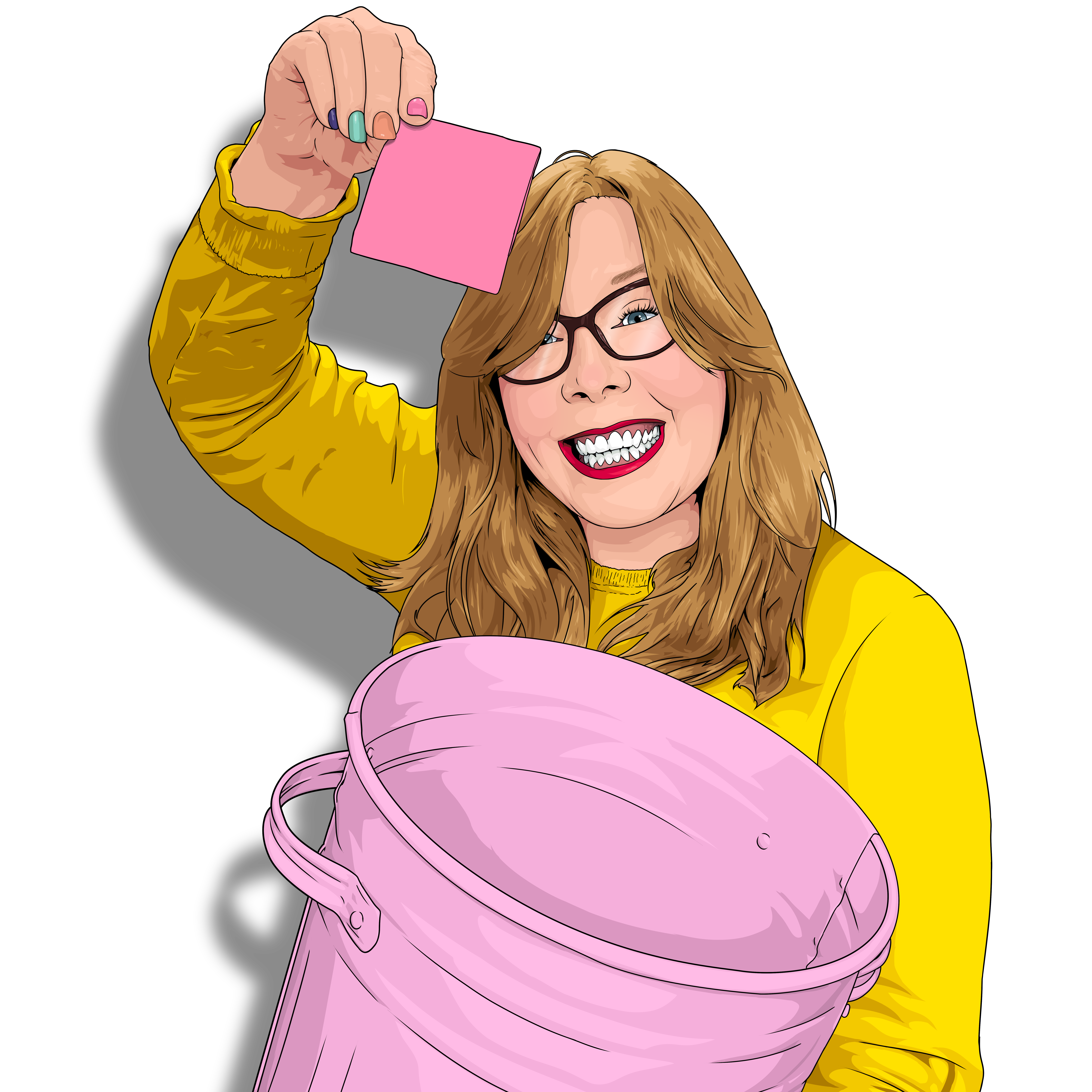 Illustrated picture of Michelle Hartley FCIPD smiling and holding a pink bucket in one hand and a post-it-note in the other. People Sorted