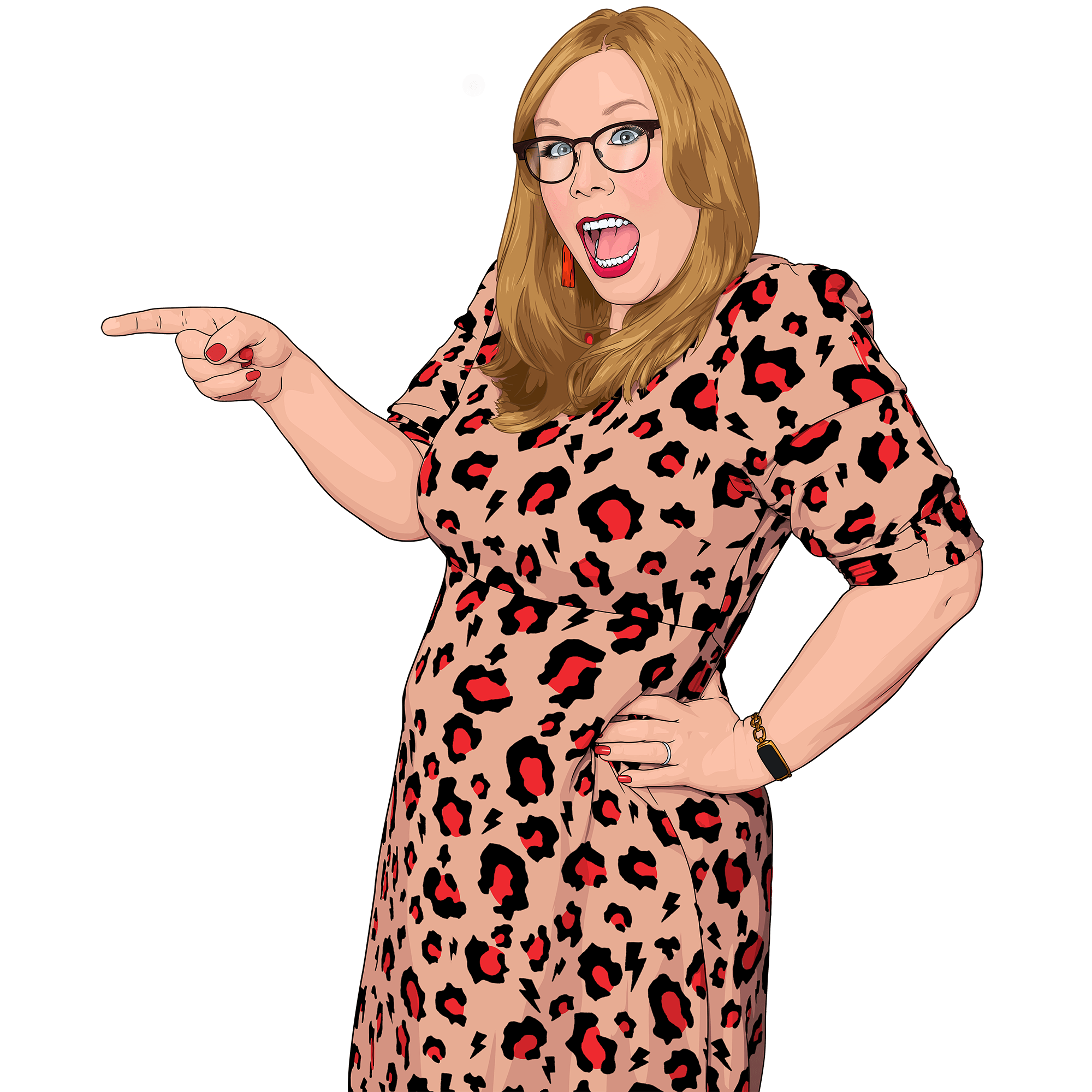 Illustrated picture of Michelle Hartley FCIPD pointing to the left with a surprised expression on her face.