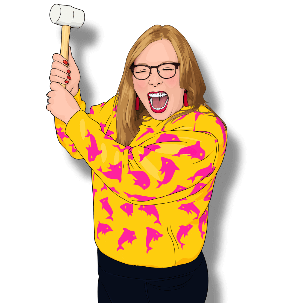 Illustrated picture of Michelle Hartley FCIPD in yellow jumper adorned with pink dolphin shapes, holding a hammer and looking expressive. People Sorted - professional training