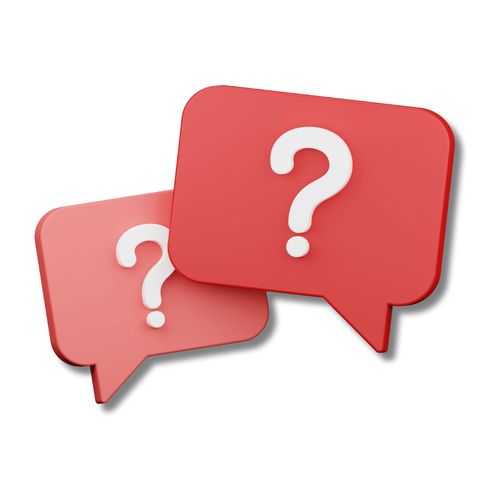 Red speech bubbles with question marks inside