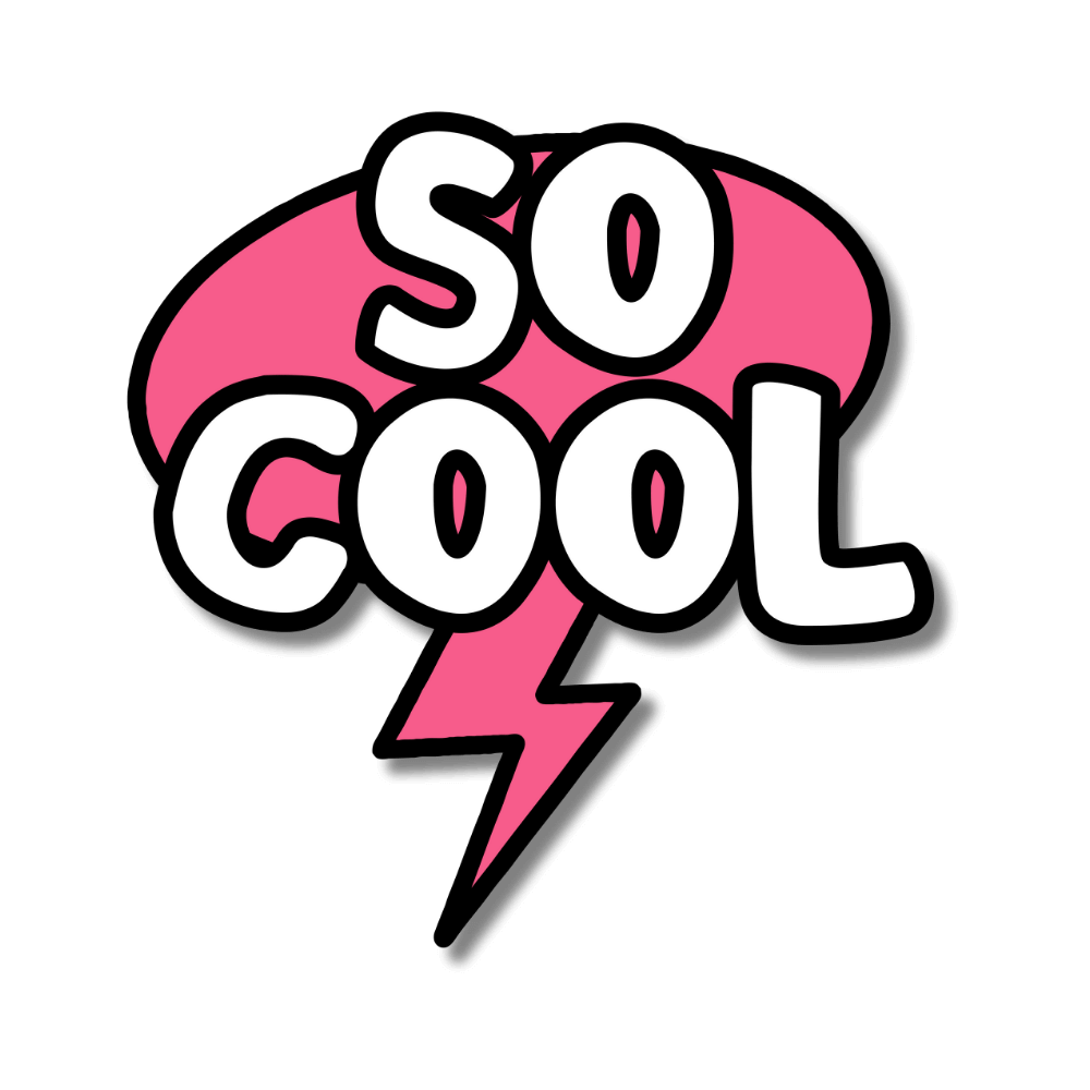 Pink speech bubble with "so cool" inside