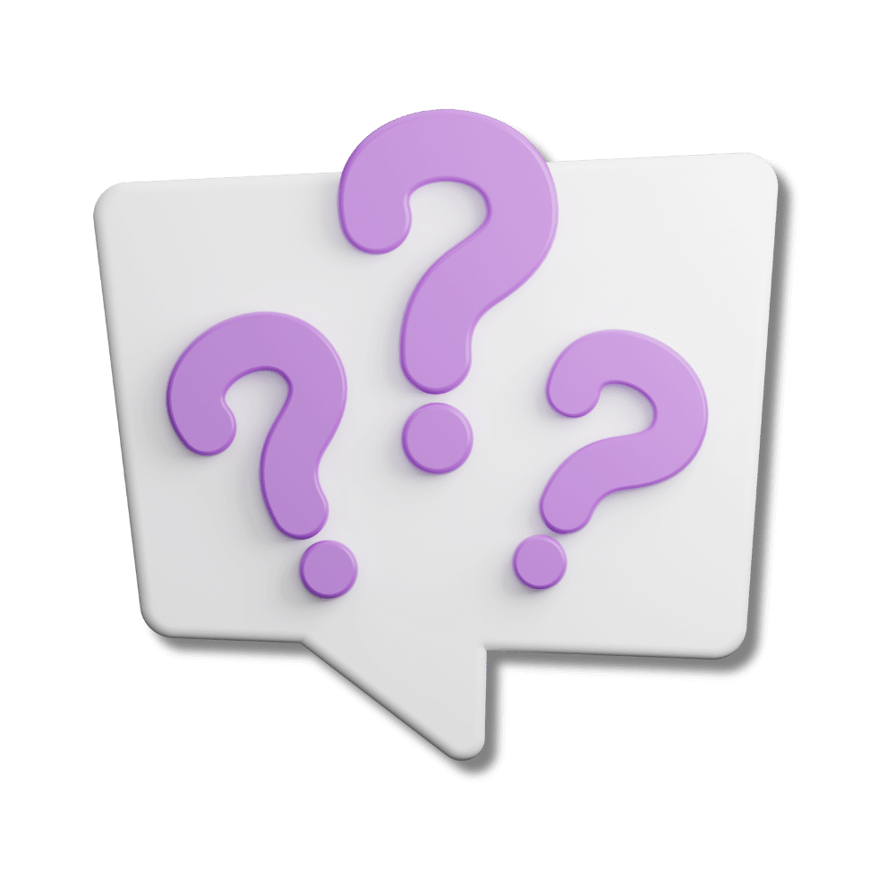 Pastel purple question marks in a white, square speech bubble - professional training