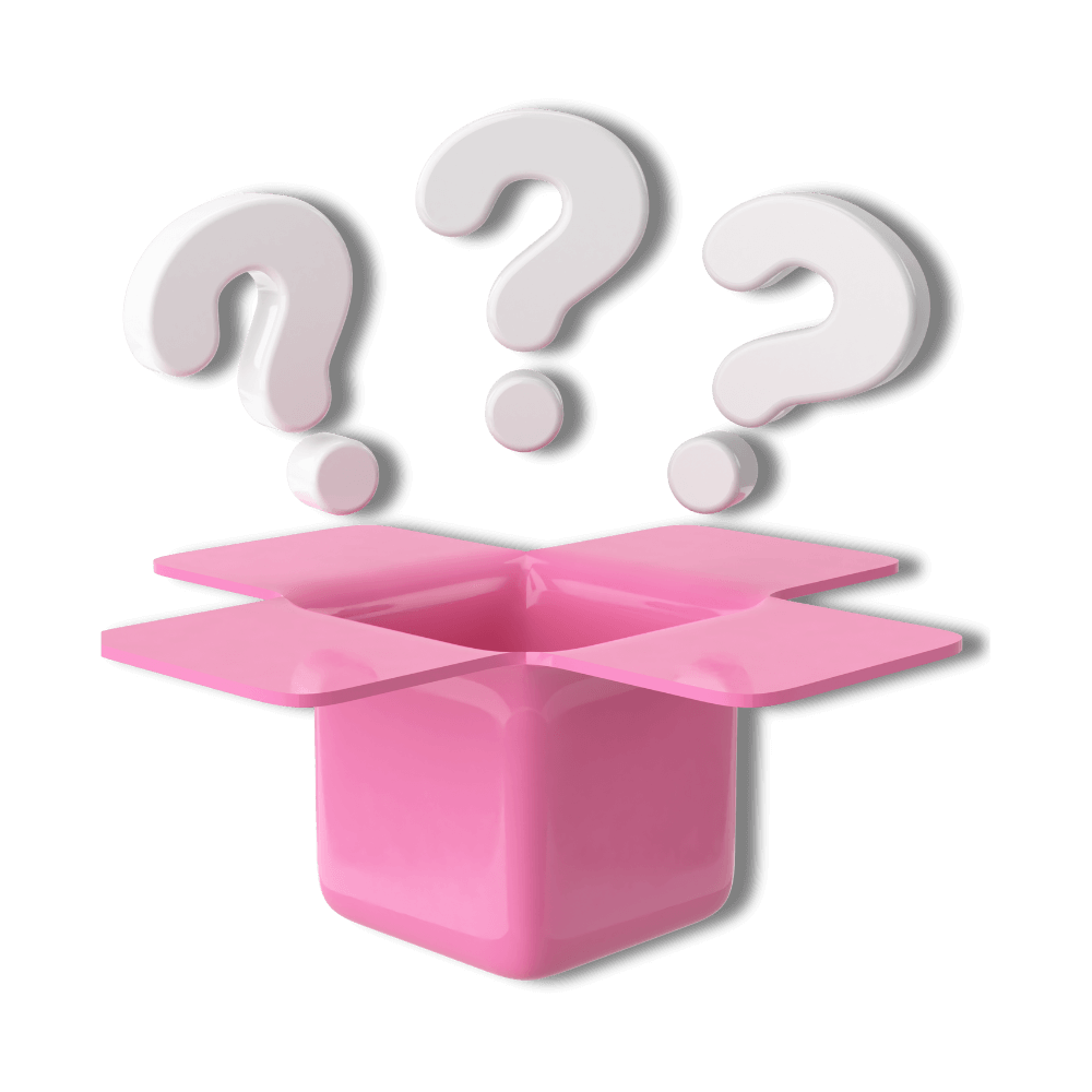 Question marks coming out of a pink box