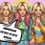 3d comic book style image. Picture of three women with long blonde wavy hair. The first is an introvert - quiet and happy on her own reading and wearing a light pink tshirt and jeans. The second is an ambivert - holding hands with the other two women and smiling. She's wearing wearing bright turquoise jumper with stars on it. The third woman is an extrovert and is happy in a busy space with lots going on. She's wearing a bright yellow top with a bright rainbow on it.