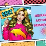 3d comic book style image to show how important it is to rest. Picture of a women with long blonde wavy hair, wearing bright pink jumper with a yellow dolphin on it. She is holding a small postcard that says "REST" on it